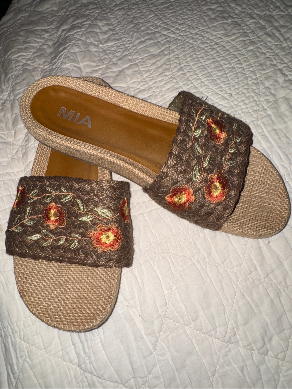 MIA Brown Embroidered Floral Slide Sandals with Tan Sole